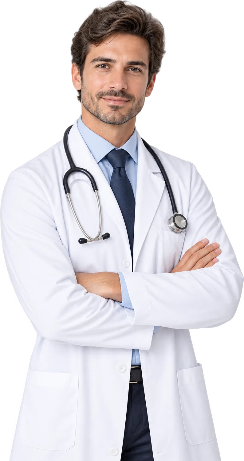 Doctor de Creu Blava con bata y fonendoscopio