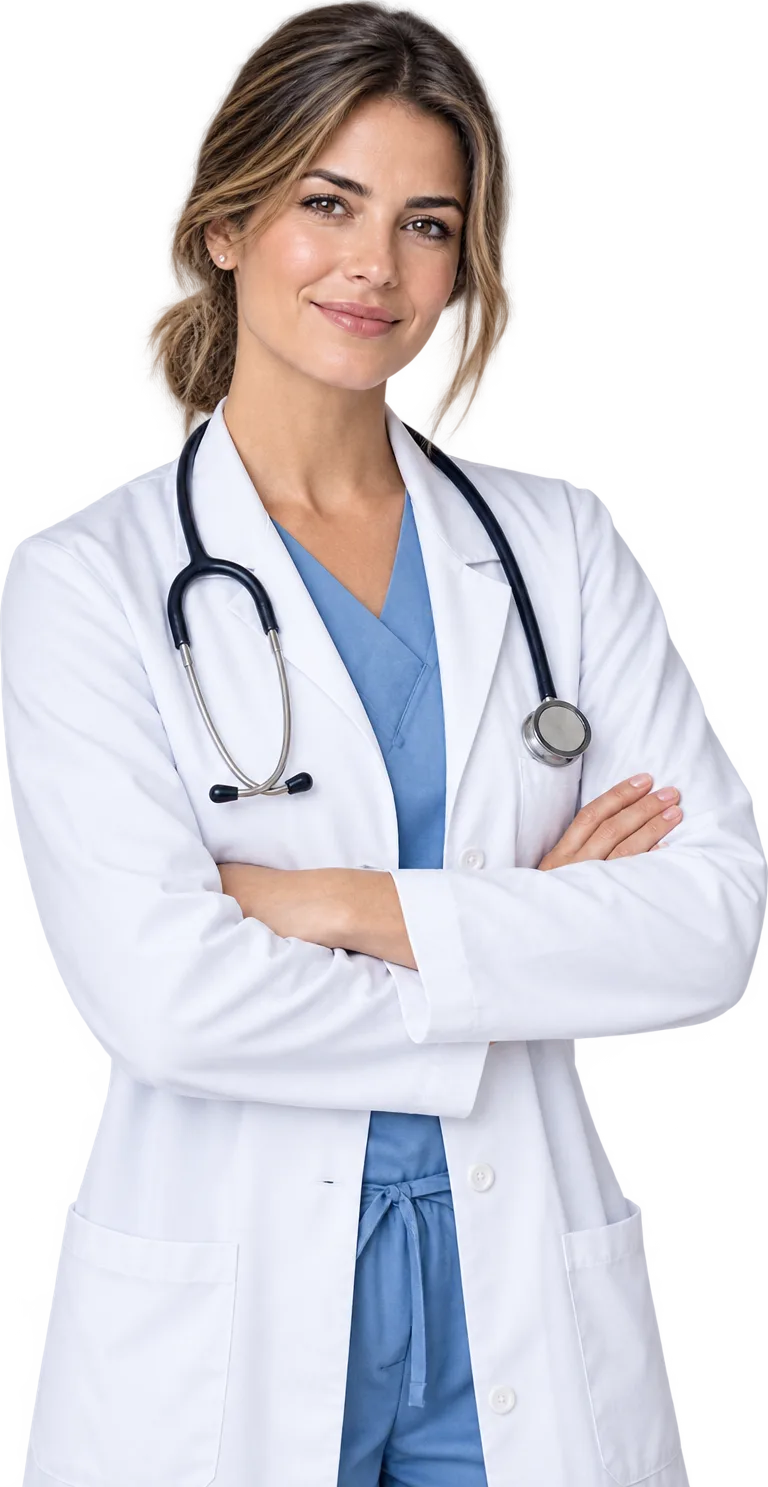 Doctora de Creu Blava con bata y fonendoscopio